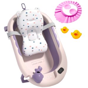 Cadita bebelusi pliabila cu pernuta UniqViBE®, termometru incorporat, cana pentru clatire tip jucarie, suport cap de dus si pentru sapun, 2 ratuste si casca protectie incluse, picioare antiderapante, design Ergonomic, Purple Royal