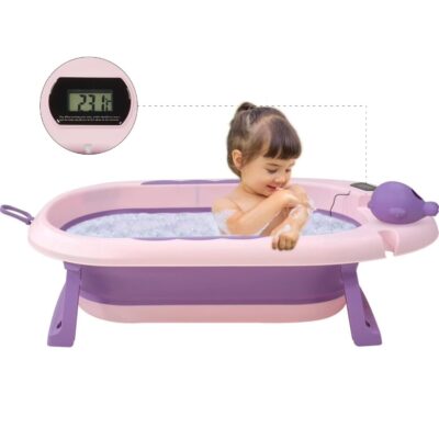 Cadita bebelusi pliabila cu pernuta UniqViBE®, termometru incorporat, cana pentru clatire tip jucarie, suport cap de dus si pentru sapun, 2 ratuste si casca protectie incluse, picioare antiderapante, design Ergonomic, Purple Royal - Image 7
