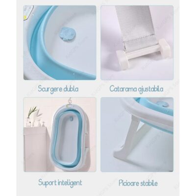 Cadita bebelusi cu pernuta KidProtect® pliabila, cu termometru electronic incorporat, dop scurgere, picioruse antiderapante, design Ergonomic, gaura agatare, verde - Image 5