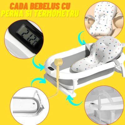 Cadita Bebe GALAXIA®, cu suport si termometru, pliabila, include o perna de siguranta detasabila, protectie anti-alunecare, sarcina maxima 46 kg, gri - Image 9