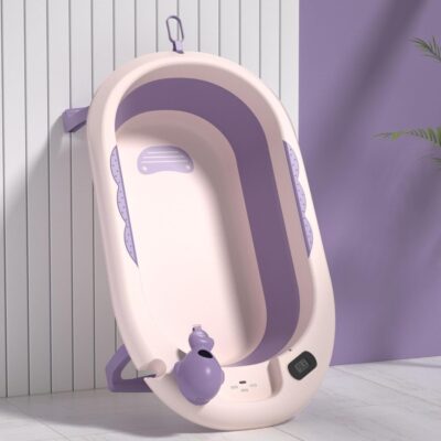 Cadita bebelusi pliabila cu pernuta UniqViBE®, termometru incorporat, cana pentru clatire tip jucarie, suport cap de dus si pentru sapun, 2 ratuste si casca protectie incluse, picioare antiderapante, design Ergonomic, Purple Royal - Image 5