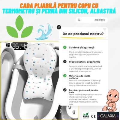 Cadita Bebe GALAXIA®, cu suport si termometru, pliabila, include o perna de siguranta detasabila, protectie anti-alunecare, sarcina maxima 46 kg, gri - Image 8