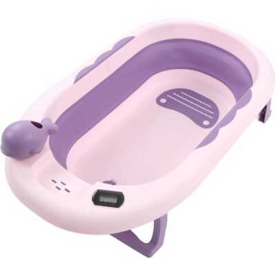 Cadita bebelusi pliabila cu pernuta UniqViBE®, termometru incorporat, cana pentru clatire tip jucarie, suport cap de dus si pentru sapun, 2 ratuste si casca protectie incluse, picioare antiderapante, design Ergonomic, Purple Royal - Image 6