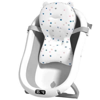 Cadita Bebe GALAXIA®, cu suport si termometru, pliabila, include o perna de siguranta detasabila, protectie anti-alunecare, sarcina maxima 46 kg, gri