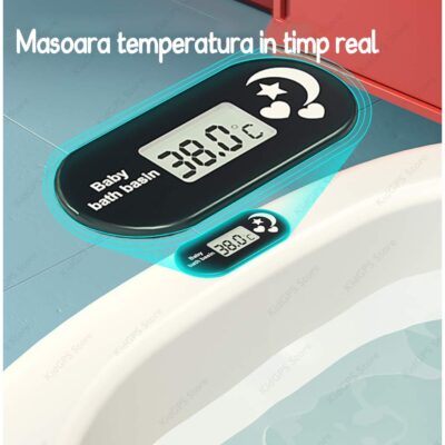 Cadita bebelusi cu pernuta KidProtect® pliabila, cu termometru electronic incorporat, dop scurgere, picioruse antiderapante, design Ergonomic, gaura agatare, verde - Image 3