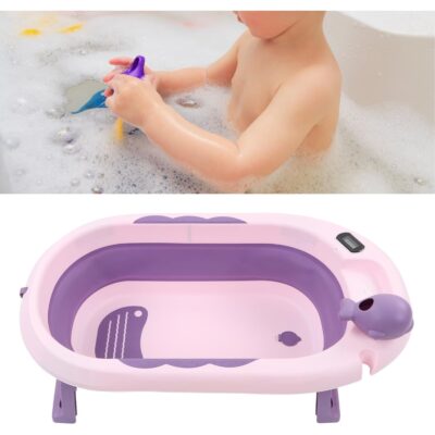 Cadita bebelusi pliabila cu pernuta UniqViBE®, termometru incorporat, cana pentru clatire tip jucarie, suport cap de dus si pentru sapun, 2 ratuste si casca protectie incluse, picioare antiderapante, design Ergonomic, Purple Royal - Image 4
